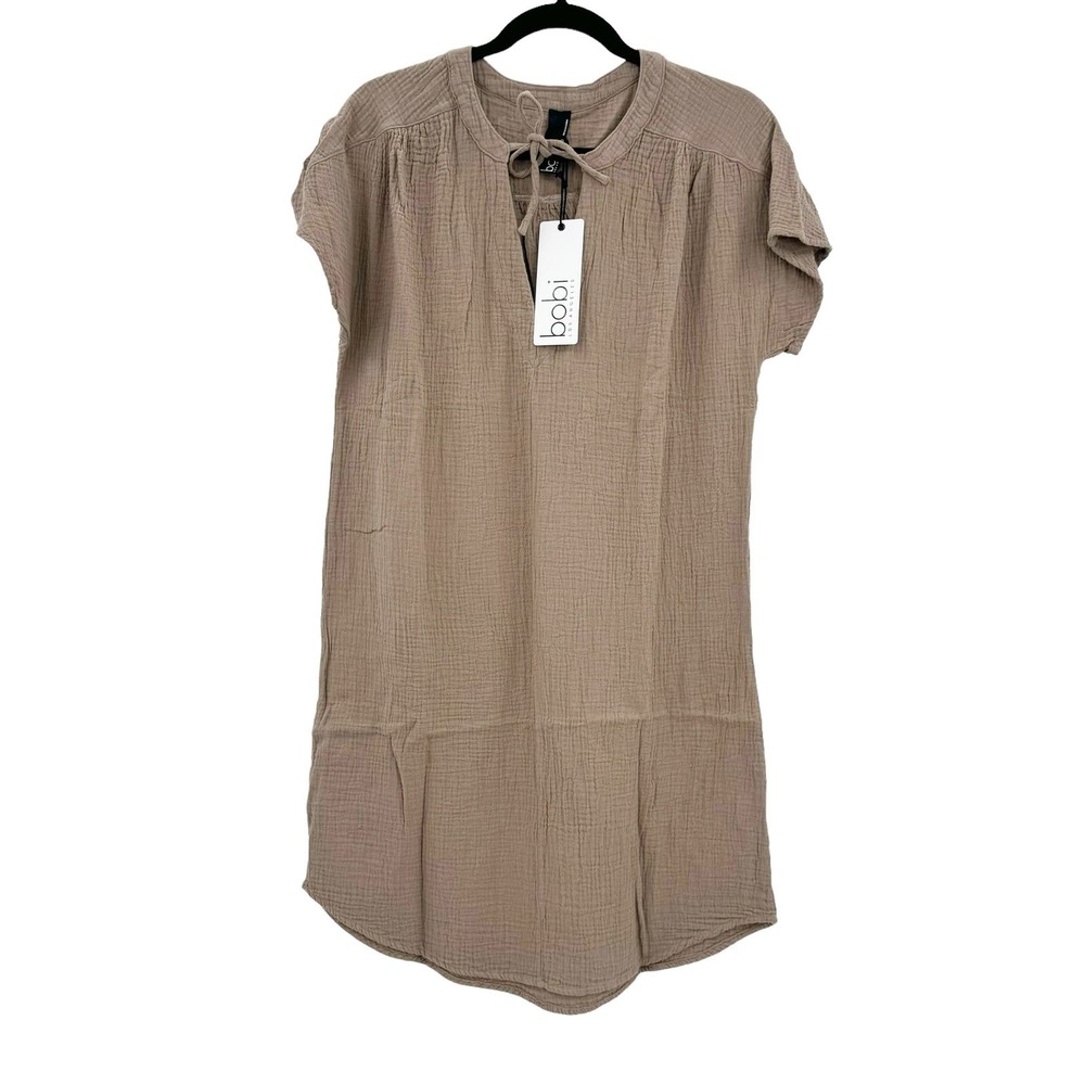 Bobi Cap Sleeve T-Shirt Dress Tie Front Beige Size Small NWT